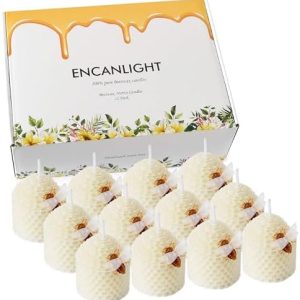 Natural Beeswax Candles 12 Pack | Hand Rolled Bee Themed | Smokeless & Dripless | Perfect for Home Decor & Party Favors